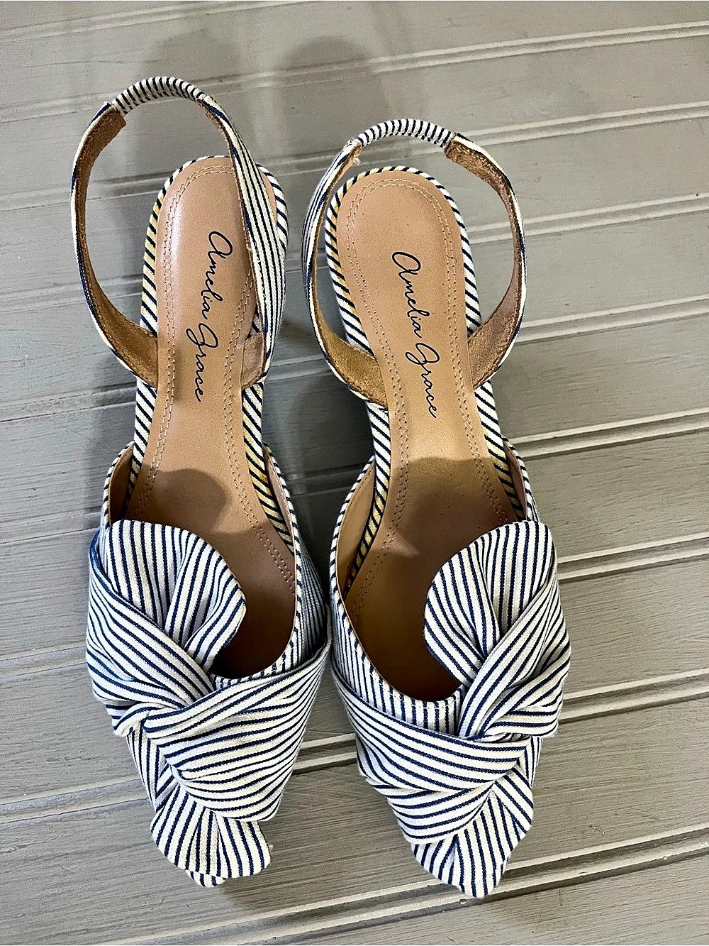 Amelia Grace Blue White Striped Bow Slingback Kitten Heels Womens 6.5 M